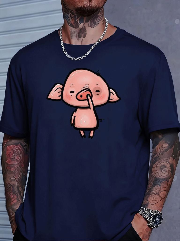 Bright Red Unisexs Cotton Crew Neck Tshirt Humorous Blush Pink Pig Cartoon Art Loose Summer Teen Daily Street Short Sleeve Outfit