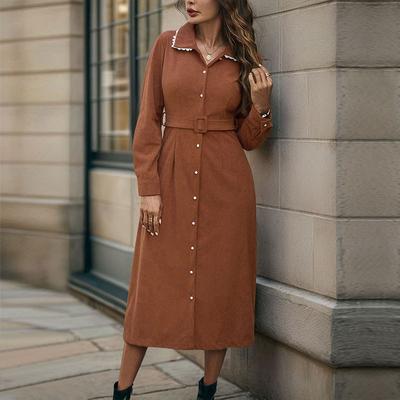 Women's Dress Autumn and Winter Lapel Splicing Lace Long-sleeved Shirt Corduroy Dresses