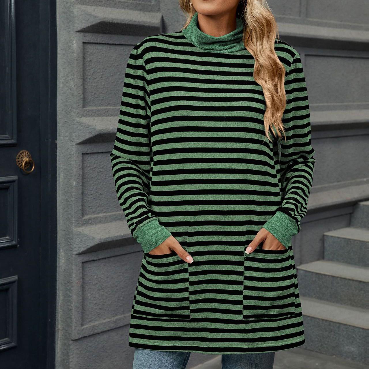 Женская модная повседневная полосатая трикотажная футболка с круглым вырезом и длинным — фото 12