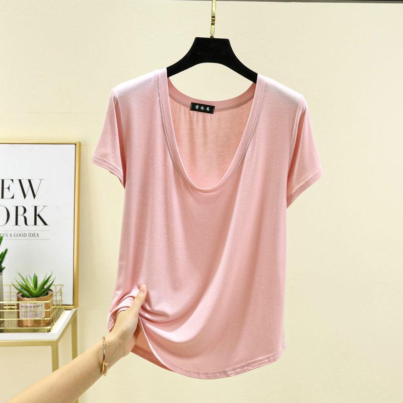 Dámský modální top s U výstřihem a polovičním rukávem - Jednobarevný, nadměrná velikost, letní tričko