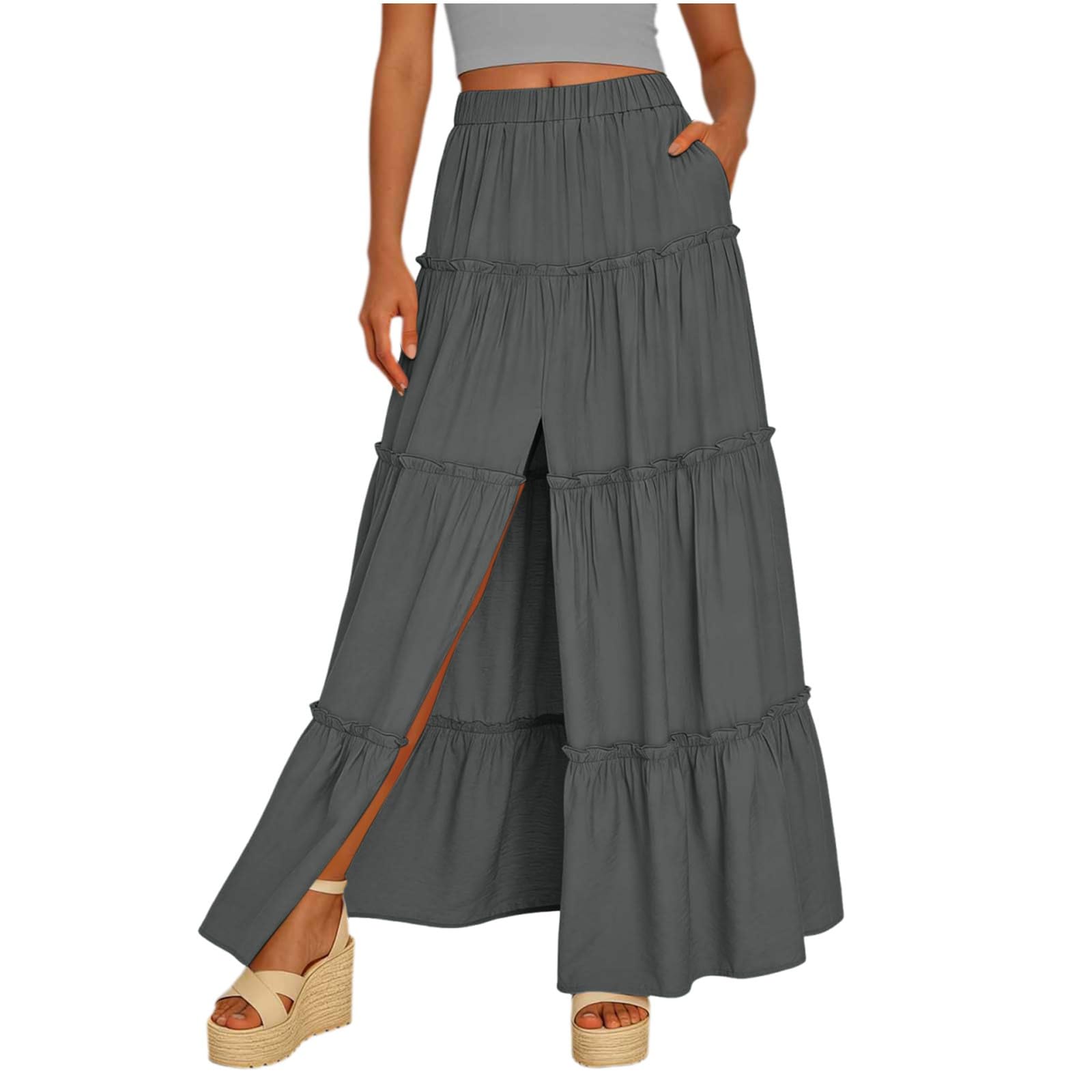 

Women s Fashion Color Split Bohemian High Waist Summer Casual Beach Pocket Skirt L