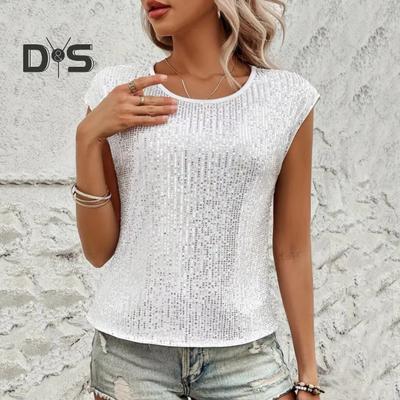 Damen T-Shirt Rundhalsausschnitt Ärmellos Loose Fit T-Shirt Glänzende Pailletten Lässige T-Shirts Normale Passform Oberteil Alltagskleidung