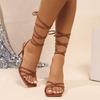 Brown Pu Sexy Lace Up Sandals Women 2025 Summer Super High Heels Ankle Strap Sandals Women Cross Strap Square Toe Party Shoes