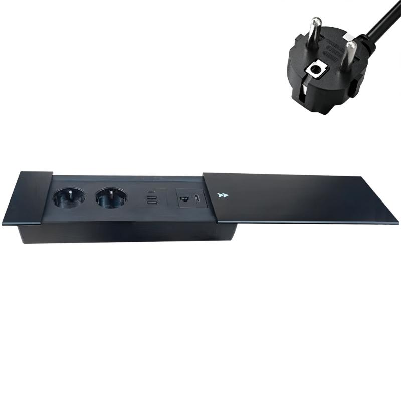 Slide Cover Single Pull Embedded Outlet 220V Standard Socket with 2 220V Ports and 2 USB Ports for Desk Installation