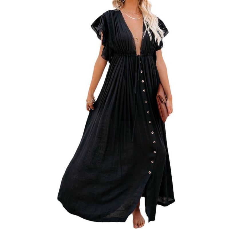 Mode Kurzarm Tiefer V-Ausschnitt Locker Maxi Langes Kleid Damen Einfarbig Elegant Strand Sonnenschutz Party Hemdkleid Schnürung Lässig Schlichte Kleidung