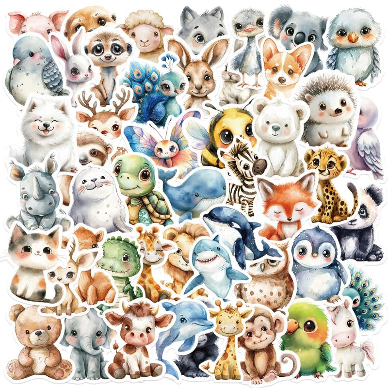 50Pcs/Set Watercolor Animal Doodle Stickers Diy Decor For Guitar/Tablet/Journal Waterproof