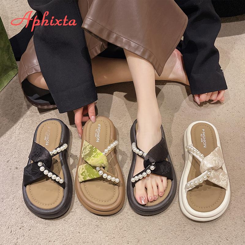 Fashion Aphixta Luxury Pearl Green Slippers Flat With Women Summer Shoes Outdoor Slides Flip Flop Muller Slippers Casual Beach Sandals