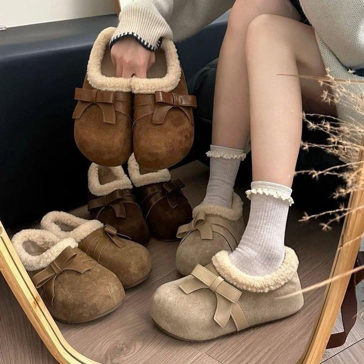 Thick-soled Birkenstocks, velvet temperament bow models, new winter models, soft-soled outer wear cotton shoes to keep warm