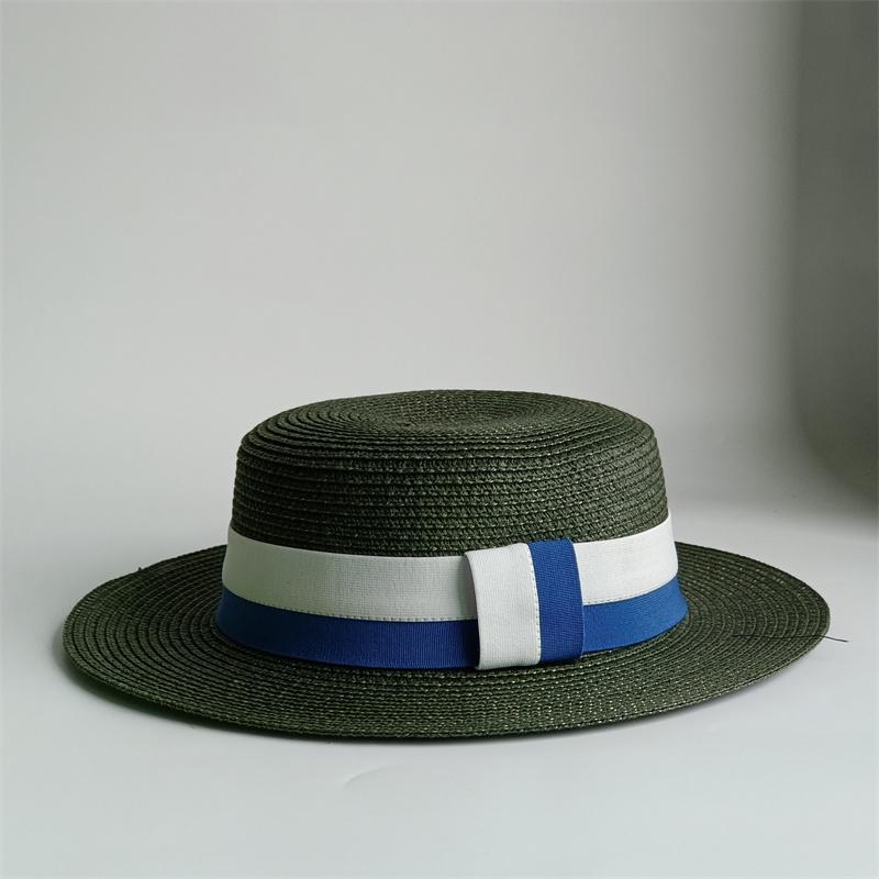 Chapeau d'été en paille pour femmes Surface ronde bosselée Haut plat Nœud Casquette Robe Chapeau de soleil de voyage pour la plage Chapeau 56-58cm