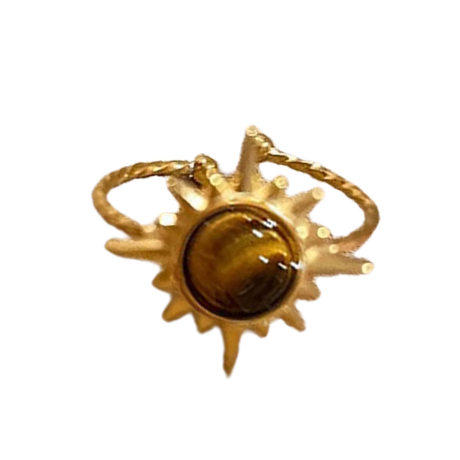 

Stylish Adjustable Gold Color Ring Unique Tigers Eye Stone Geometric Finger Accessory Elegant Business Casual Jewelry B