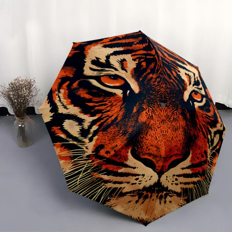 1pc Automatic Open/Close Umbrella with Tiger Face Close-Up Pattern - Compact Travel Umbrella, Windproof 8-Rib Frame, Portable