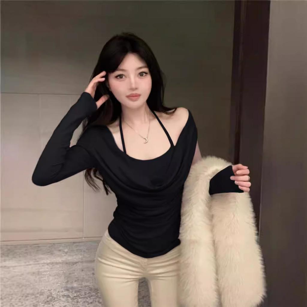 Swinging Collar Hanging Neck Long-sleeved T-shirt for Women, Slim and Thin In Spring and Autumn, Spice Girl Fake Two Pieces, Bottoming Shirt Inside