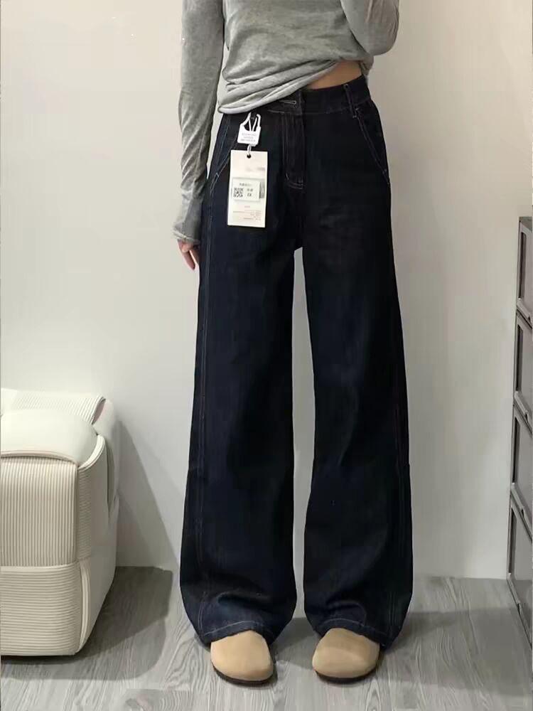 Autumn/Winter 2025 Women's Deep Blue Denim Fleece-Lined High-Waisted Wide-Leg Jeans