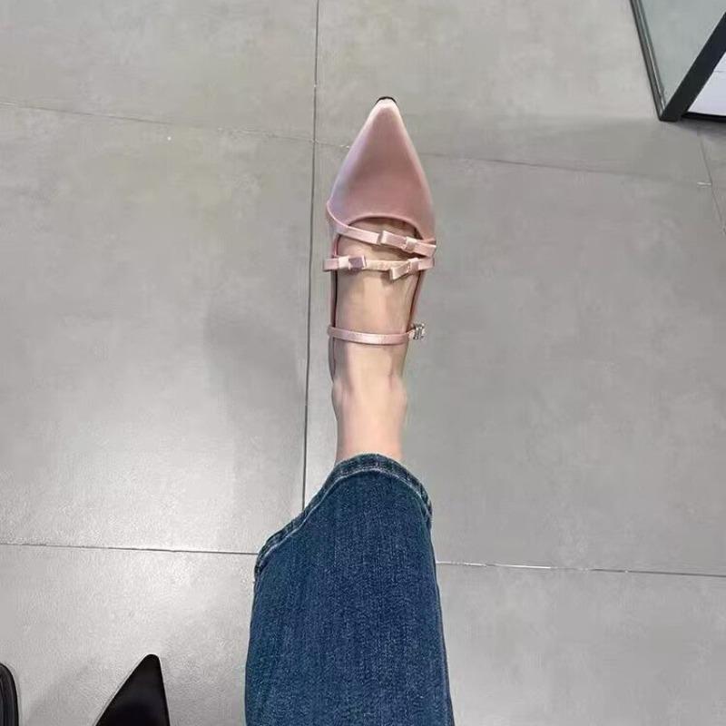 Chaussures à petit talon Été Nouveau Bout pointu Ouverture peu profonde Nœud papillon Semelle souple Antidérapant Résistant à l'usure Chaussures basses