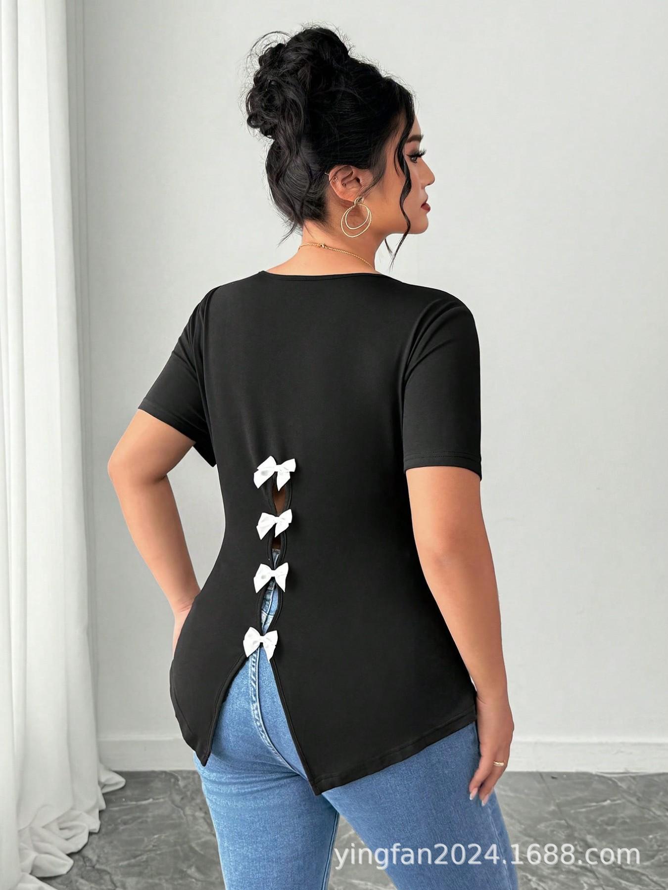 Elegant Plus Size Short Sleeve Slimming T-shirt with Bow Decoration 3XL