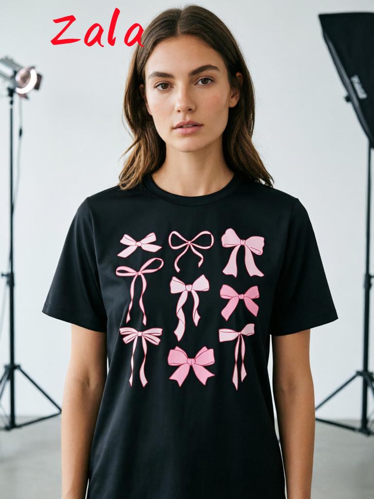 Pink Bow Printed Unisexs Tshirt Vintage Style Harajuku Female Top Tee Bow Oneck Summer Casual Short Sleeved Unisexs Clothing