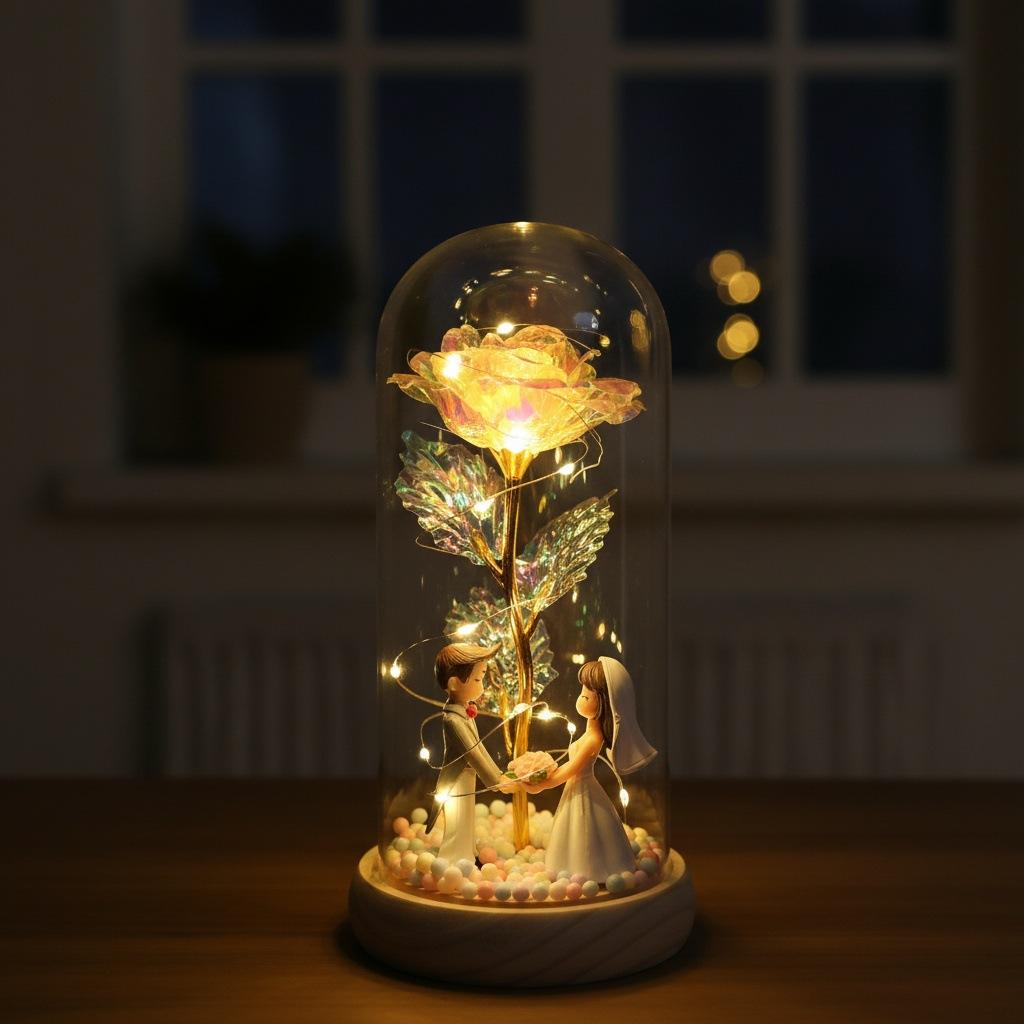 Couple Simulation Rose Eternal Flower Ornament Glass Cover Mother's Day Qixi Festival Valentine's Day Gift Night Light