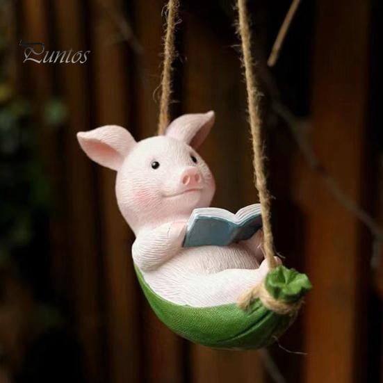 Durable Outdoor Decoration Hanging Resin Pig Figurine, Cute Piggy Lying in Hammock Reading Waterproof Ornament Book Ornament, Animal Sculpture