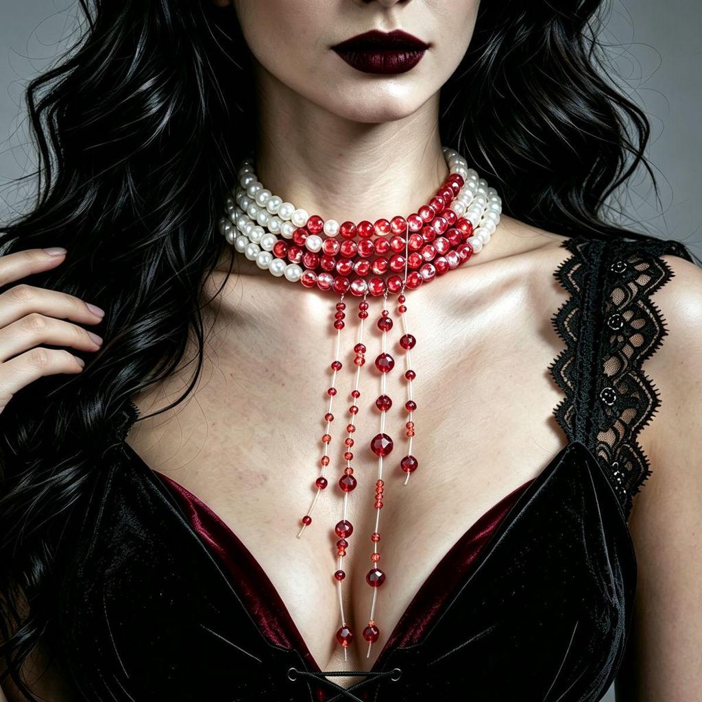 Multi-layer Dark Pearl & Rose Tassel Choker Necklace for Halloween