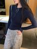 Women's Retro Henley Collar Knit Top - Autumn/Winter 2025, Waist-Cinching, Figure-Flattering, Solid Color.