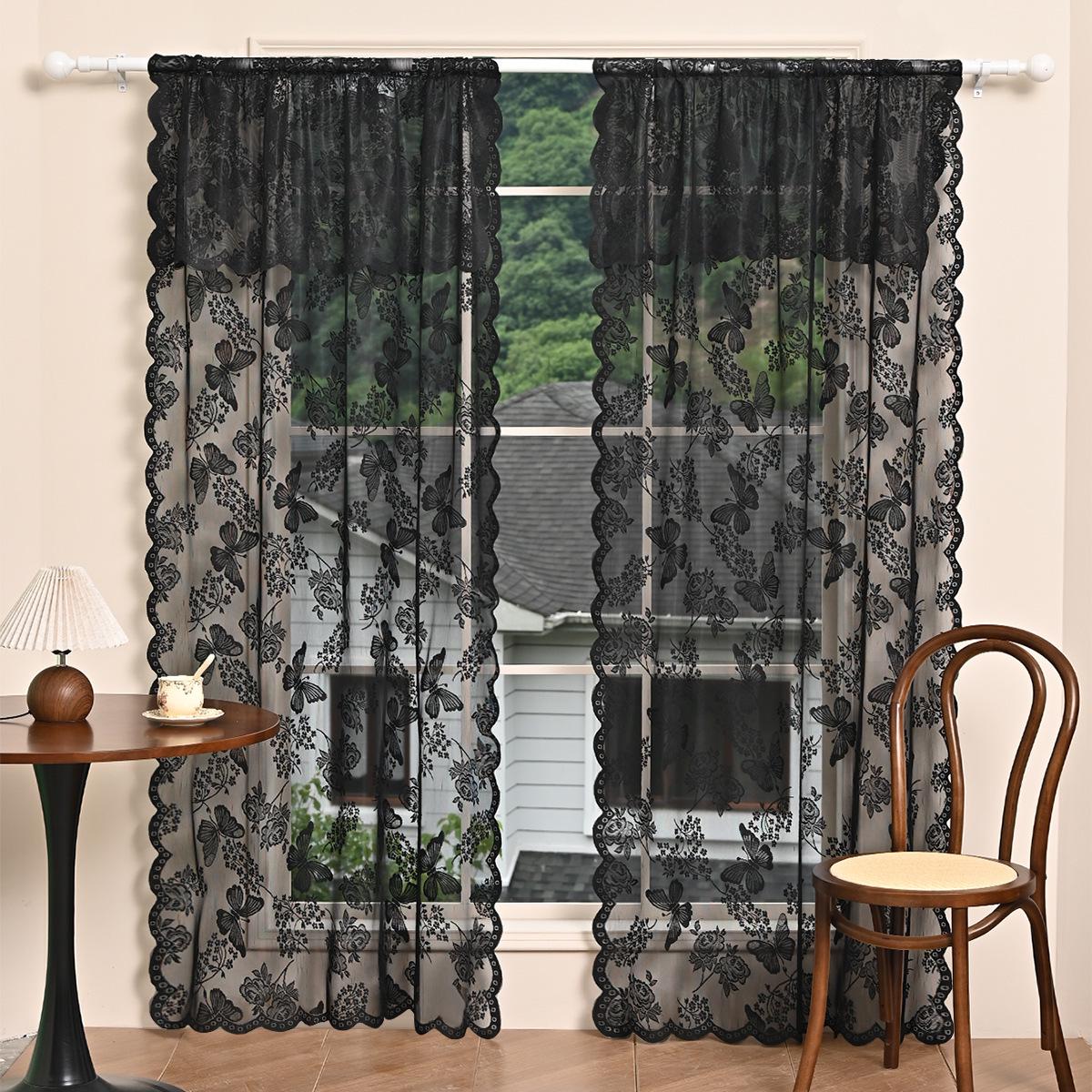 

SHEIN Кружевной тюль с бабочками для окна, полузатемняющая штора с кулиской для карниза 100x200 cm (Includes 1 piece with rod pocket) чёрный