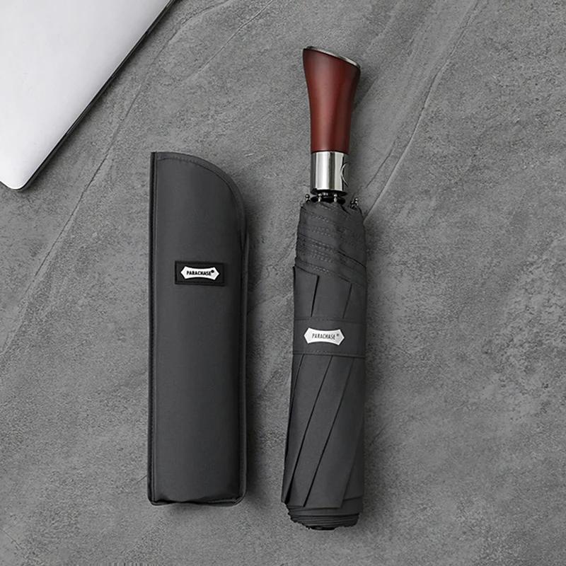 

Роскошный бренд автоматический зонт от дождя с деревянной ручкой большой женский мужской деловой ветроустойчивый солнцезащитный УФ-зонт от солнца 3 сложения серый