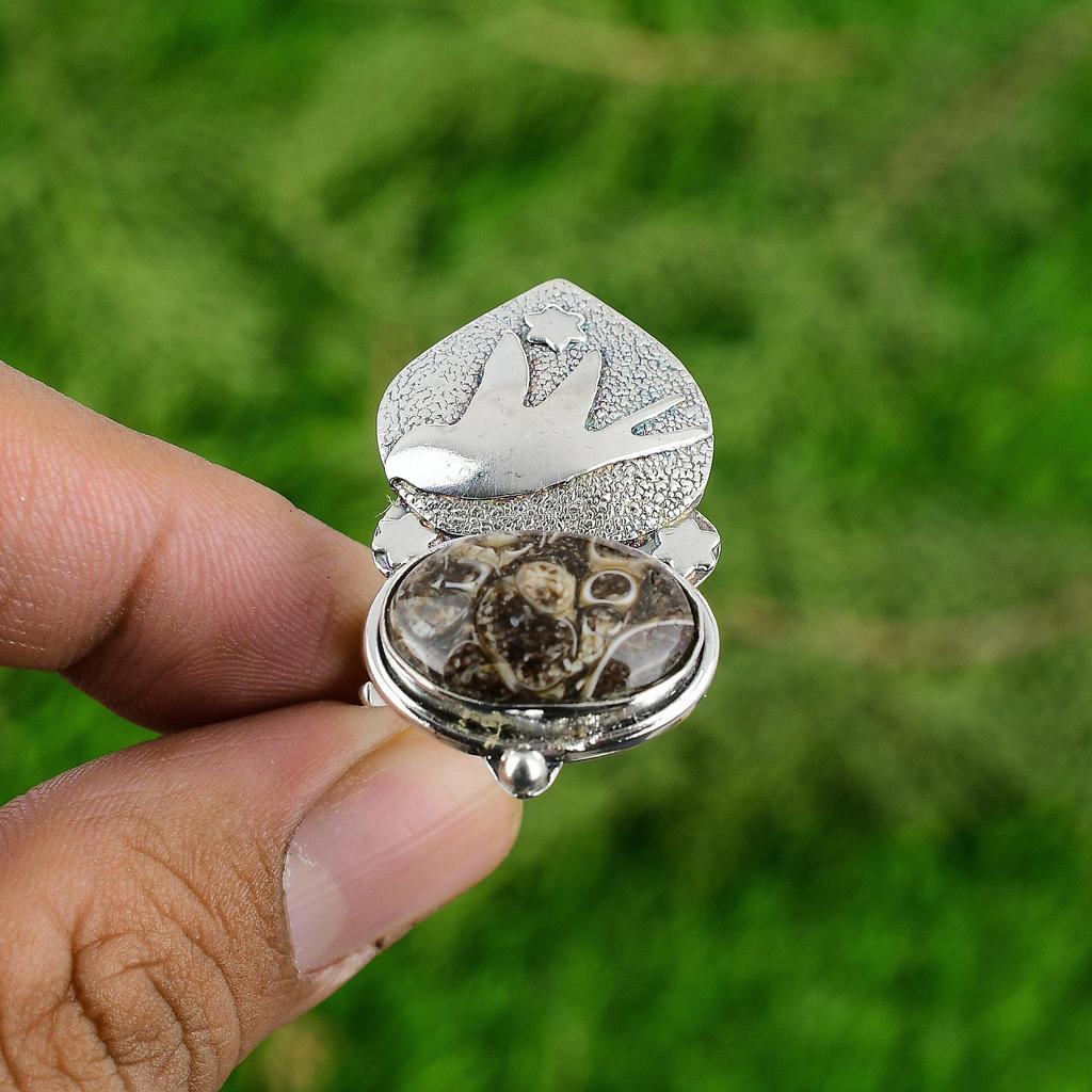 Gift For Her Natural Turritella Agate Solitaire Adjustable Ring 925 Silver