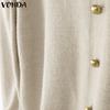 VONDA Autumn Winter Women Lace V Neck Long Sleeve Knitted Pullover Sweaters Jumpers