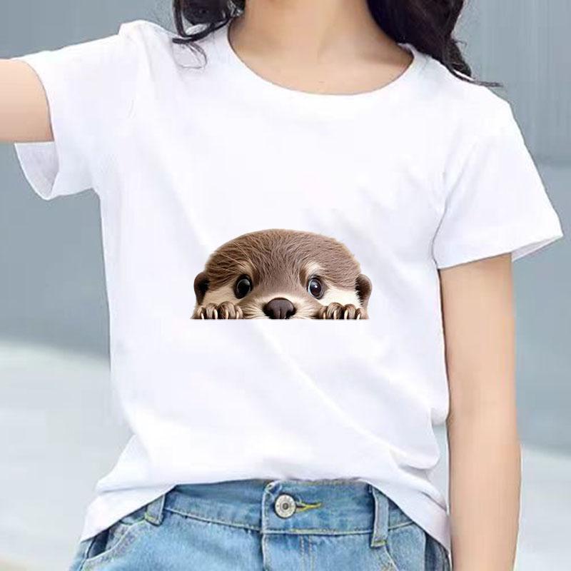 Kinder Baumwoll-T-Shirt Niedlicher Peekender Otter Aufdruck Rundhalsausschnitt Kurzarm T-Shirt Lässig Atmungsaktiv Jungen Mädchen Sommer Oberteile