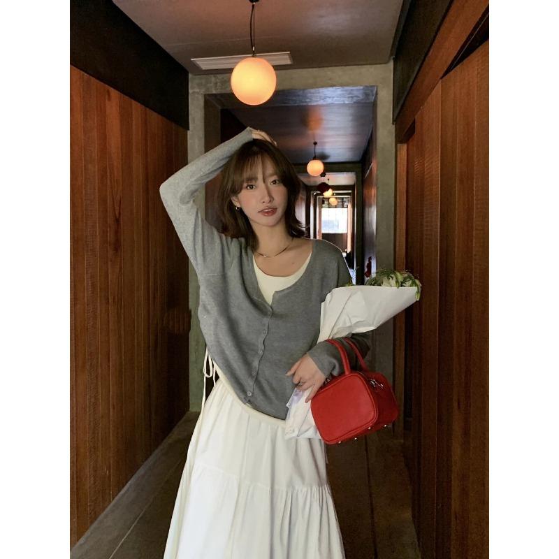 women drawstring hem knit cardigan crew neck long sleeve button down casual sweater onesize серый