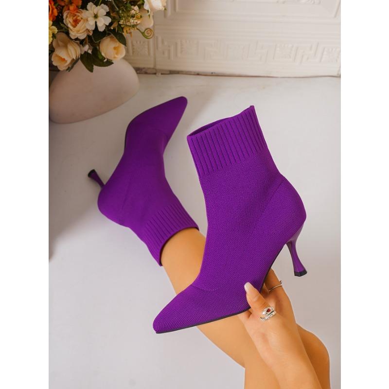 Botas de salto alto Stiletto Ankle Boots para mulheres - Sapatos confortáveis e respiráveis sem cadarço com cabedal de tecido, sola de borracha e bico fino