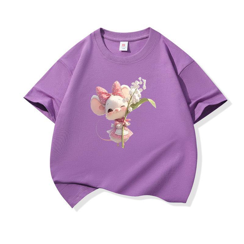 Kids Cotton T Shirt Sweet Mouse With Lily Flower Print Crew Neck Short Sleeve Tee Casual Boys Girls Summer Tops