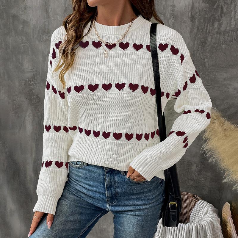 Neuer Herbst- und Winter-Valentinstag-Strickpullover im süßen Stil, lockerer Rundhals-Jacquard-Pullover mit Herzmuster für Damen