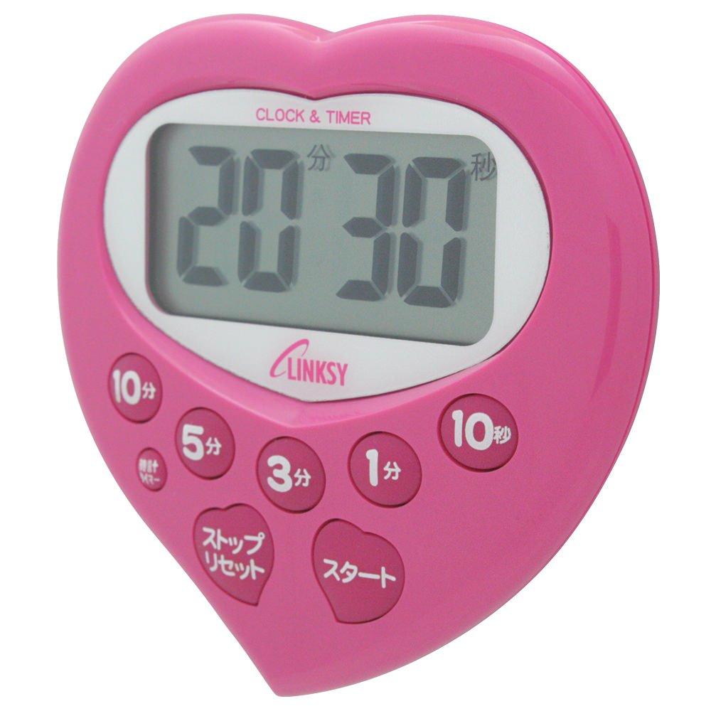 YNAC LINKSY Heart-Shaped Joyful Timer with Clock, Water-Resistant, LT801PPA, 7.6 x 7.8 x 1.6 cm, Pink, Makes Waiting Time Enjoyable