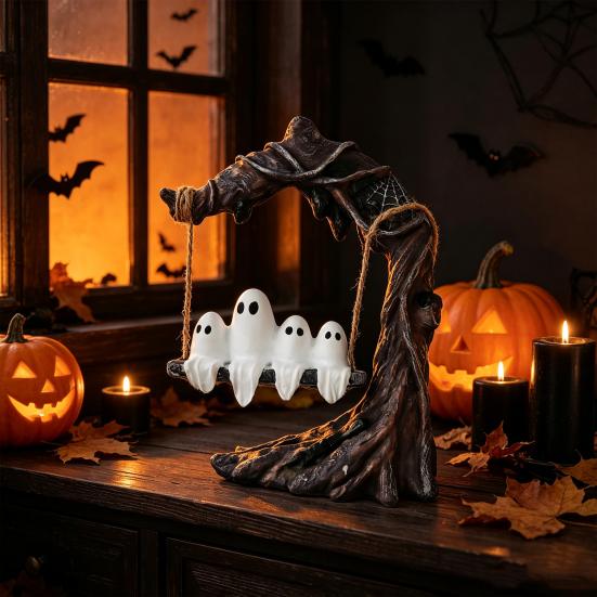 Vintage Tree Swing Ghost Statue On Halloween Decor, Resin Spooky Figurine with Cute And Desktop Decoration Base, Festive Party Tabletop Ornament,