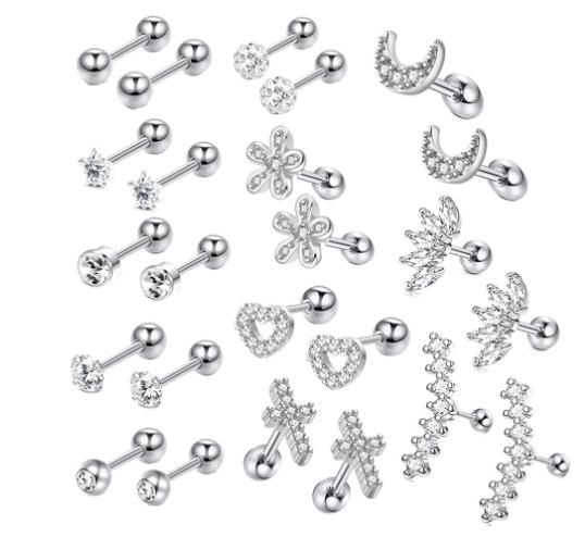 Stainless Steel Zirconia Threaded Ear Studs and Stainless Steel Piercing Ear Bone Pins Set