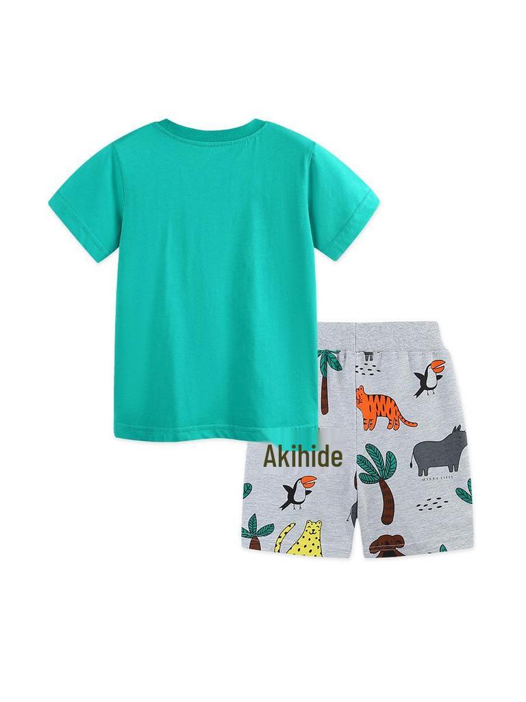 Boys' Summer Short Sleeve Set with Luminous Animal Print, Knit Cotton Sportswear