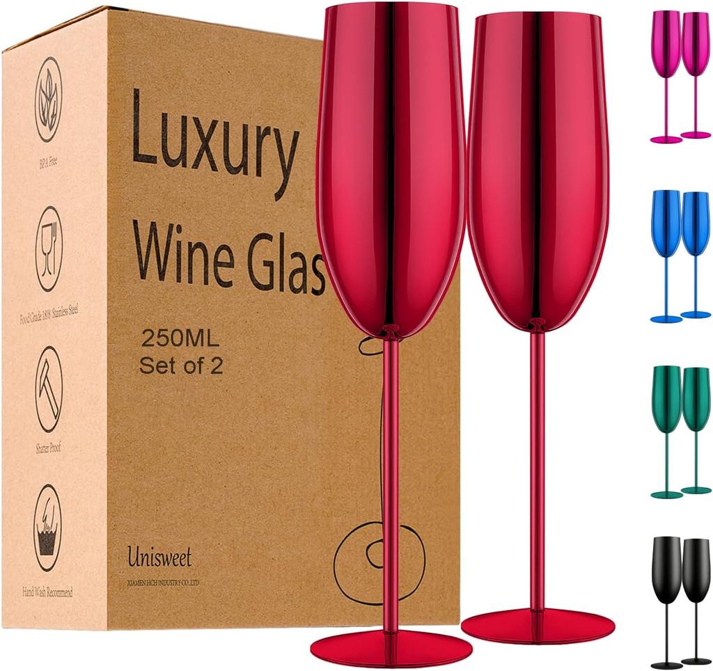 Stainless Steel Champagne Flutes Set of 2, Gold Unbreakable 8.5 oz for Wedding, Party, Christmas, Anniversary, Birthday Gifts