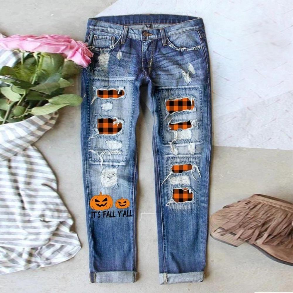 Women's Mid Rise Straight Leg Distressed Halloween Pumpkin Ghost Patch Print Long Denim Pants Summer Street Jeans