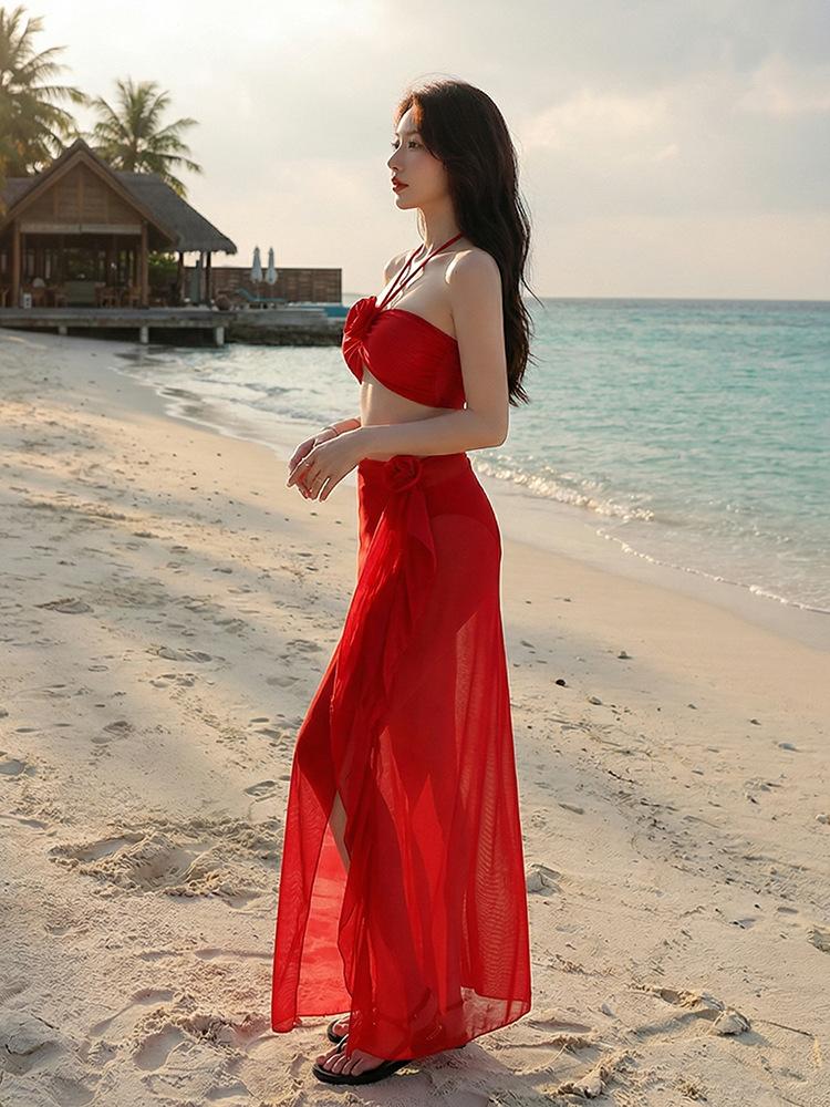 Women's Swimwear Red Two-piece Bikini with A Long Skirt – Flattering Stunning and Sexy Perfect for Beach Holidays and Spa Breaks