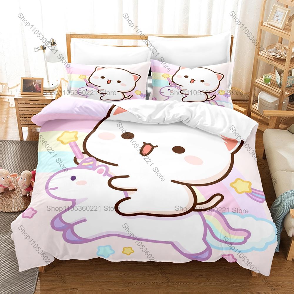 Popular Peach Cat IP Duvet Cover + 2 Pillowcases, Lovely Pink Cat Pattern Bedding Set for Fan Collection