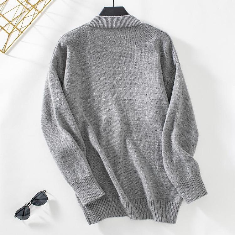 Vintage Solid Color V-Neck Cardigan Long Sleeve Loose Knitwear Sweater for Autumn Winter Warm Top