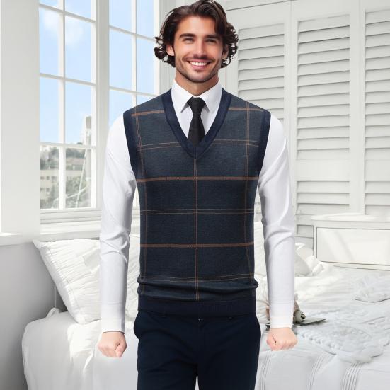 Men Knitting Vest V-Neck Sleeveless Plaid Print Sweater Vest Autumn Winter Velvet Lining Casual Vest Knitwear