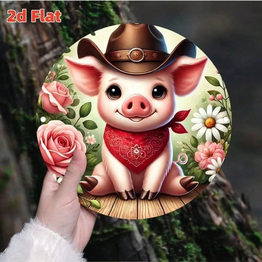 Retro Cowboy Pig Aluminum Metal Wall Art for Country Farmhouse Home Decor Vintage Animal Sign