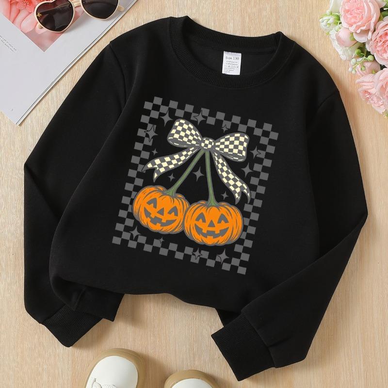 Kids Fall Winter Crew Neck Sweatshirt, Checkerboard Bow Halloween Pumpkin Print