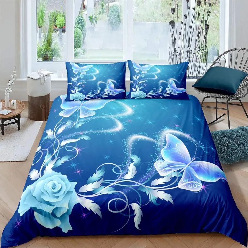 Rose Flowers Duvet Cover Set Butterfly Garden Bedding Sets Girls Women Floral Fresh Nature Blooming Rose Comforter Cover 3 Pcs
