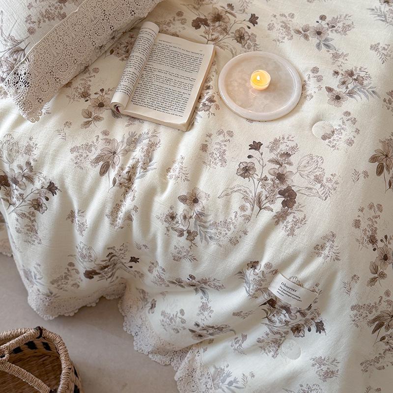 Summer Retro Cotton Linen Lace Design Thin Quilt - Machine Washable Air Conditioning Blanket