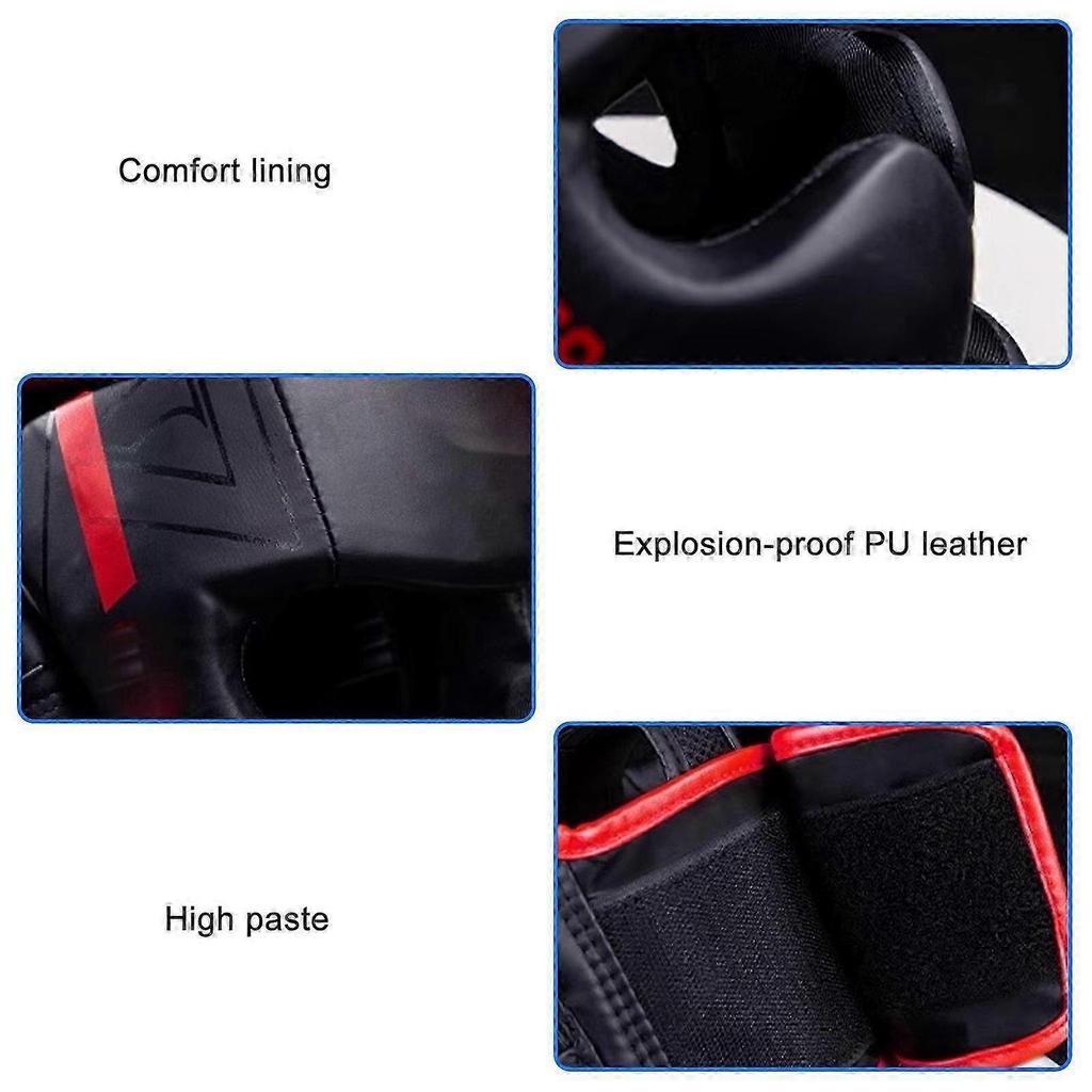 Full Covered Kick Boxing Helmets PU Leather Training Sparring Headgear Helmets Martial Art Headgear Protector Enduring  black red