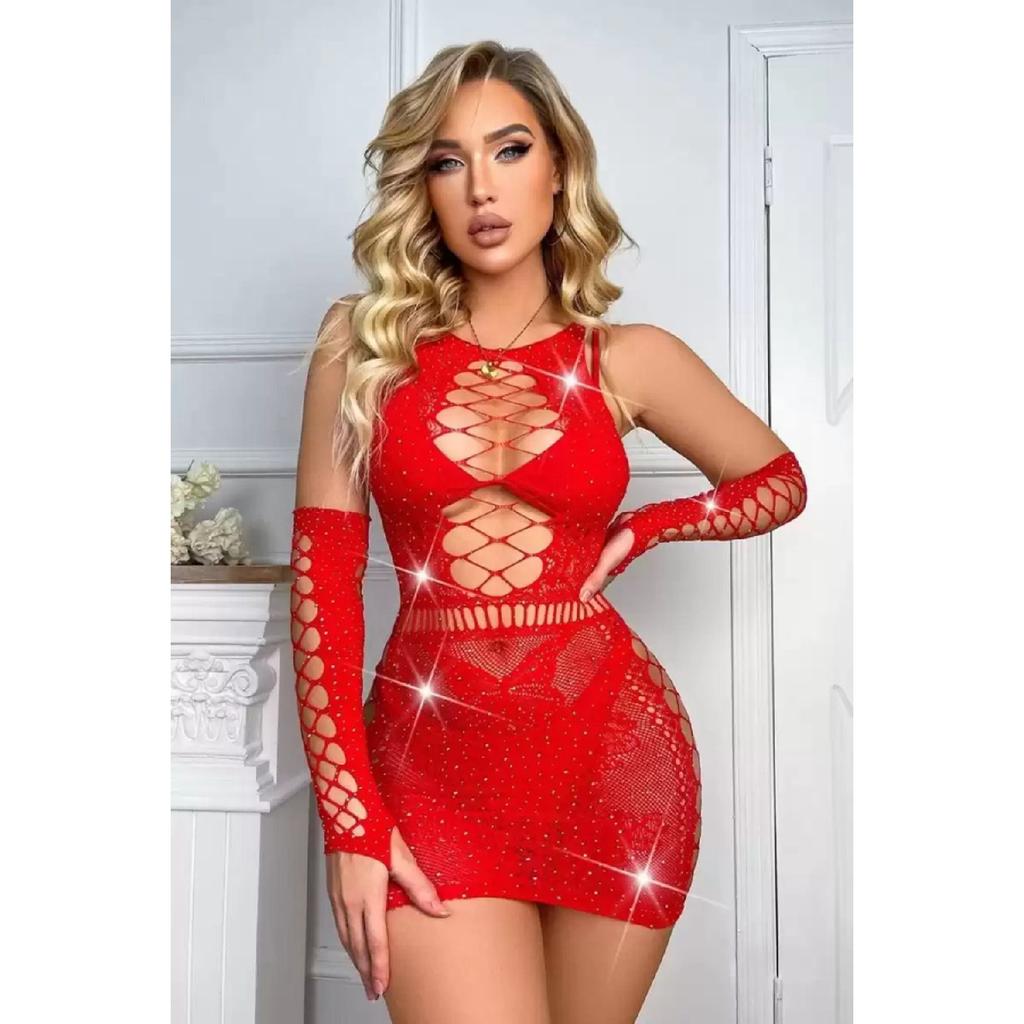 Women's Red Stone Mini Nightgown Fantasy Body Stocking With Gloves