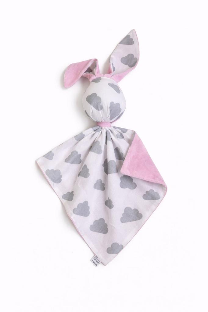 Doudou Bunny Cuddly Toy Double-Sided Cotton and Minky - Gray Clouds - Pink